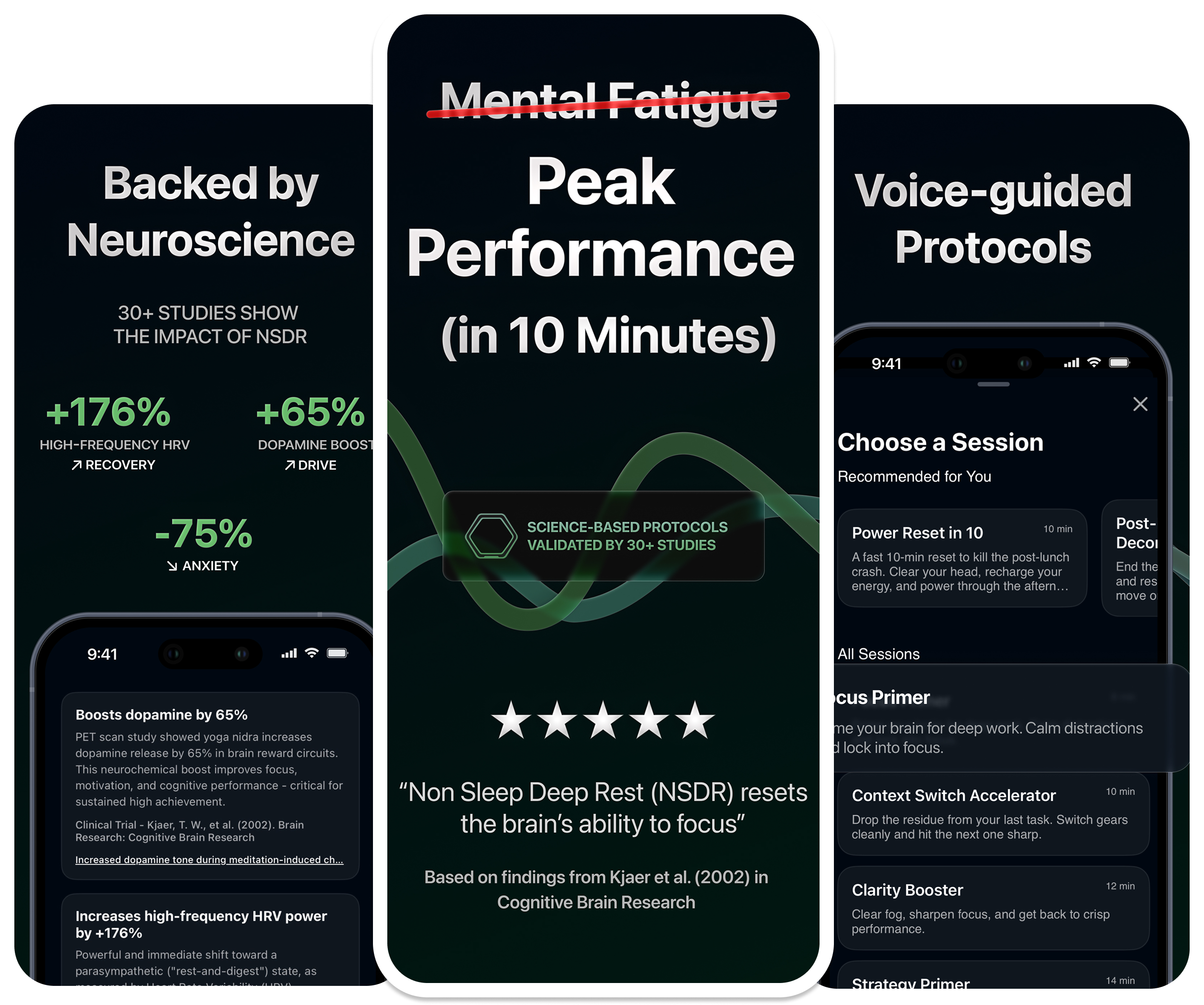 Recharge App Screenshots showing neuroscience backing, peak performance features, and voice-guided protocols